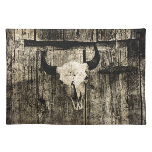 Western Bull Skull Barn Wood Sepia Vintage Rustic Cloth Placemat