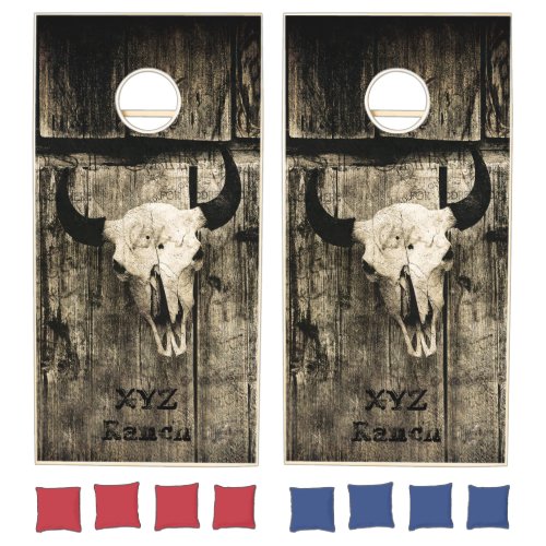 Western Bull Skull Barn Wood Sepia Vintage Rustic Cornhole Set