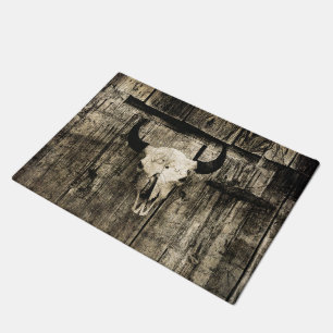 Western Bull Skull Barn Wood Sepia Vintage Rustic Doormat