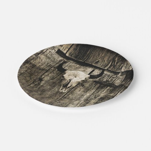 Western Bull Skull Barn Wood Sepia Vintage Rustic Paper Plates