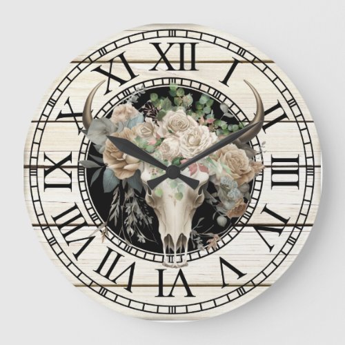 Western bull skull boho white rose wood large clock
