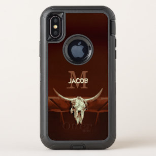 Western Bull Skull Brown Monogram Rustic Country OtterBox Defender iPhone X Case