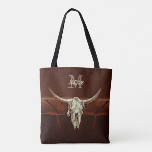 Western Bull Skull  Brown Monogram Rustic Country Tote Bag