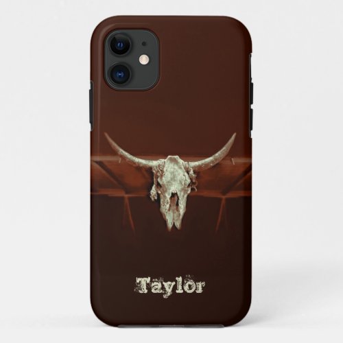Western Bull Skull Brown Rustic Country iPhone 11 Case