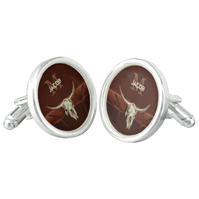 Western Bull Skull Brown Rustic Country Monogram Cufflinks (Angled)