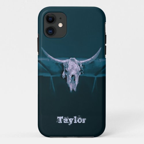 Western Bull Skull Dark Teal Old Rustic iPhone 11 Case