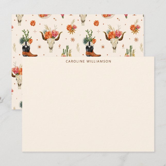 Western Bull Skull Floral Personalized Stationery Note Card (Front/Back)