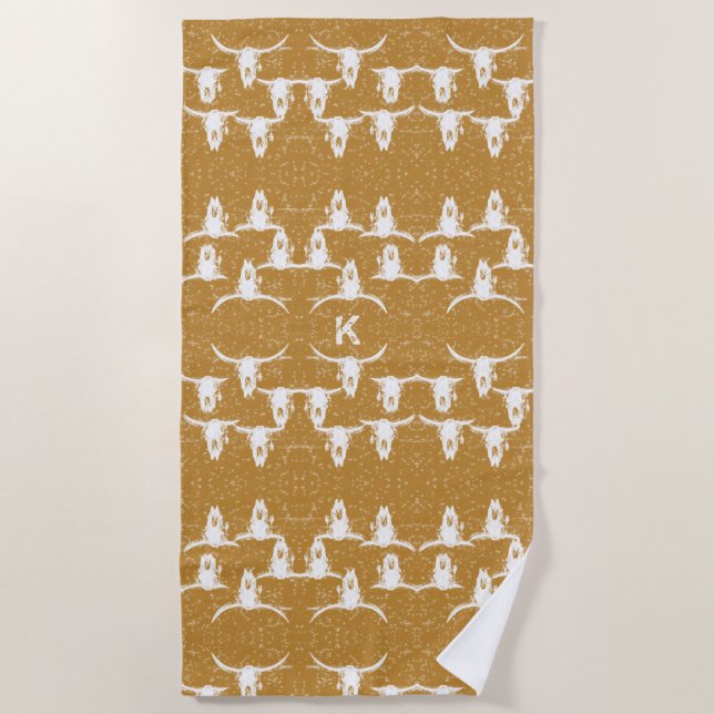 Western Bull Skull Gold White Elegant Glitter Beach Towel (Front)