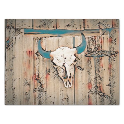Western Bull Skull Rustic Barn Teal Brown Vintage Tissue Paper