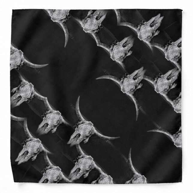 Western Bull Skull Rustic Black And White Country Bandana (Front)