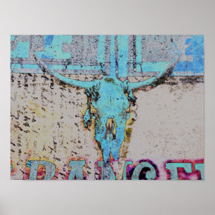 Western Bull Skull Teal Blue Rustic Vintage Poster