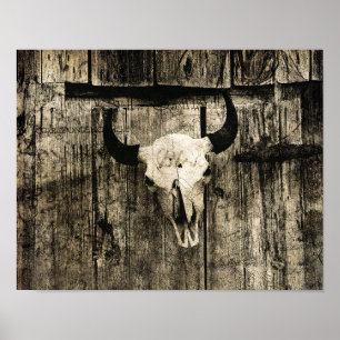 Western Bull Skull Vintage Barn Brown Rustic Wood Poster