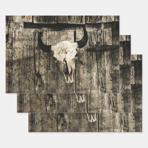 Western Bull Skull Vintage Barn Brown Wood Rustic Wrapping Paper Sheets
