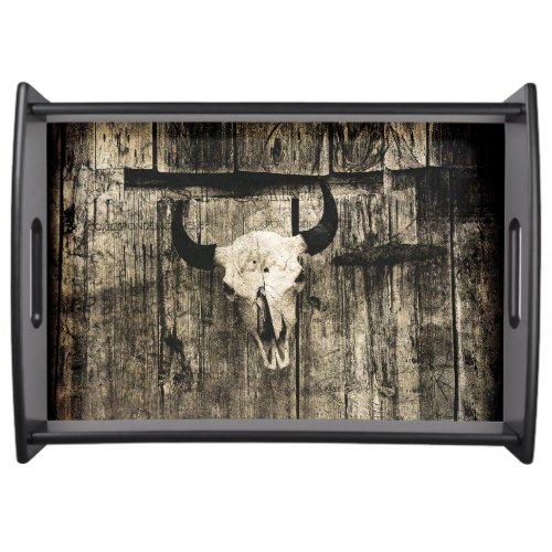 Western Bull Skull Vintage Barn Wood Brown Rustic Serving Tray