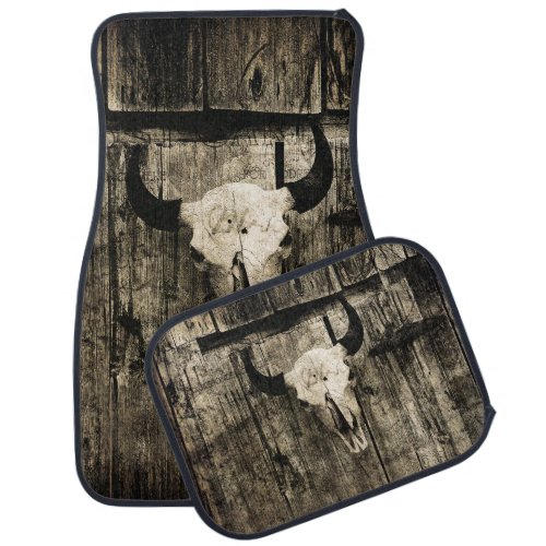 Western Bull Skull Vintage Brown Barn Wood Rustic Car Floor Mat