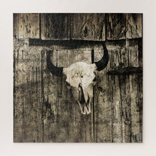 Western Bull Skull Vintage Brown Barn Wood Rustic Jigsaw Puzzle