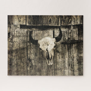 Western Bull Skull Vintage Brown Barn Wood Rustic Jigsaw Puzzle