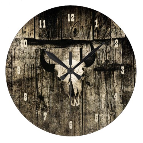 Western Bull Skull Vintage Brown Rustic Wood Barn Large Clock