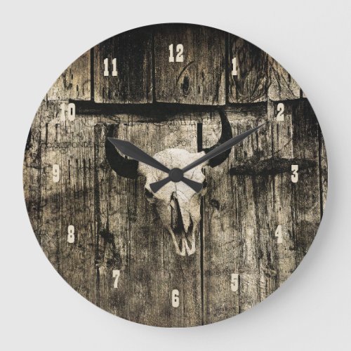 Western Bull Skull Vintage Brown Rustic Wood Barn Large Clock