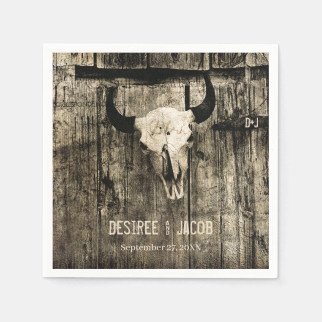 Western Bull Skull Vintage Sepia Rustic Wedding Napkins (Front)