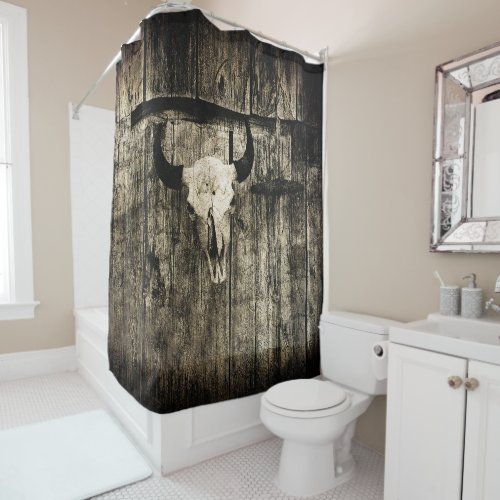 Western Bull Skull Wood Barn Rustic Sepia Vintage Shower Curtain