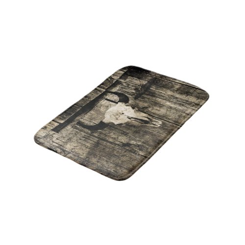 Western Bull Skull Wood Barn Sepia Vintage Rustic Bathroom Mat