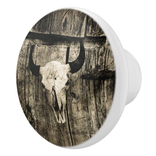 Western Bull Skull Wood Barn Sepia Vintage Rustic Ceramic Knob