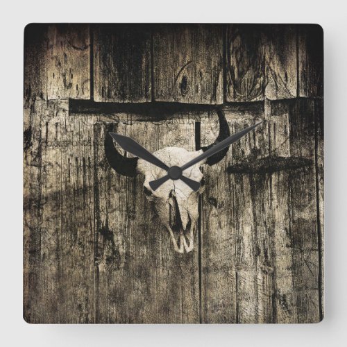 Western Bull Skull Wood Barn Sepia Vintage Rustic Square Wall Clock