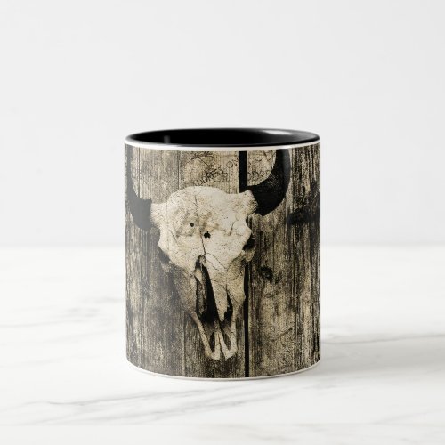 Western Bull Skull Wood Barn Sepia Vintage Rustic Two_Tone Coffee Mug