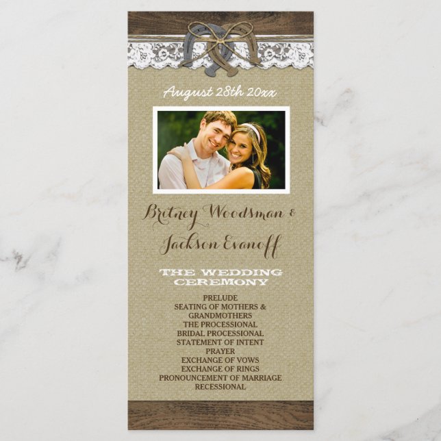 Western Burlap and Lace Horseshoe Wedding Programs (Front)