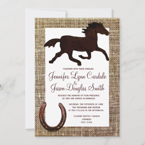 Western Burlap Cowboy Horse Horseshoe Wedding Invitation
