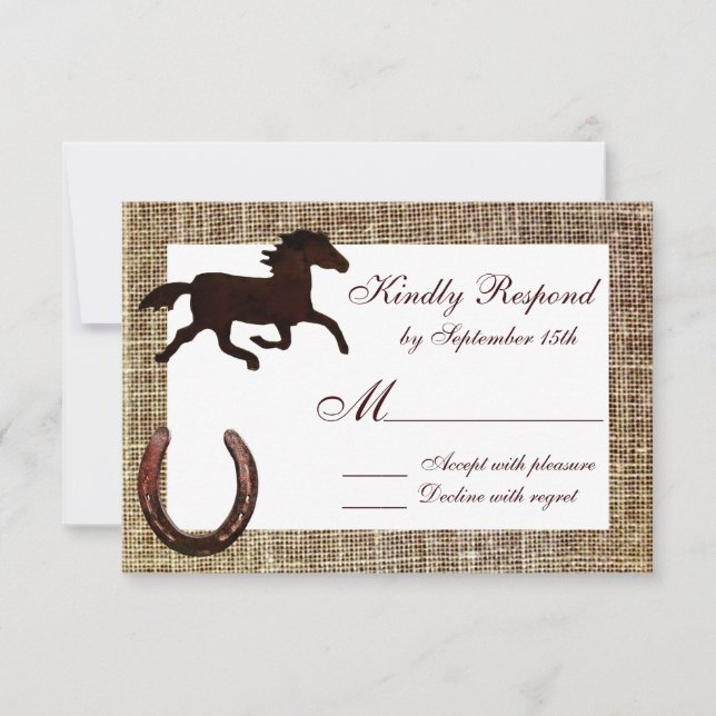 Western Burlap Cowboy Horse Horseshoe Wedding RSVP (Front)