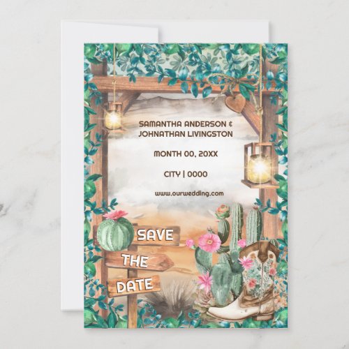 Western cactus cowboy boots watercolor lights chic invitation