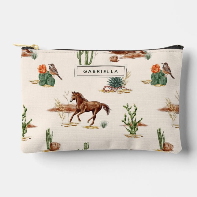 Western Cactus Desert Horse Cowgirl Personalized Accessory Pouch (Front)