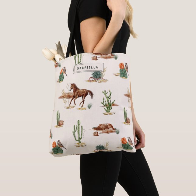 Western Cactus Desert Horse Cowgirl Personalized Tote Bag (Close Up)
