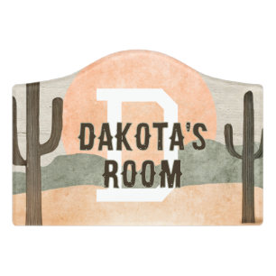 Western Cactus Sunset Monogram Kid's Name Nursery Door Sign