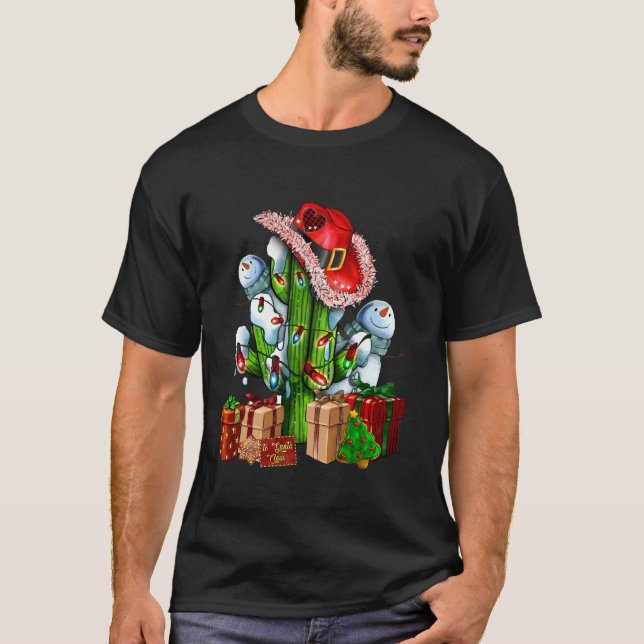 Western Cactus With Cowboy Hat Merry Christmas Tre T-Shirt (Front)