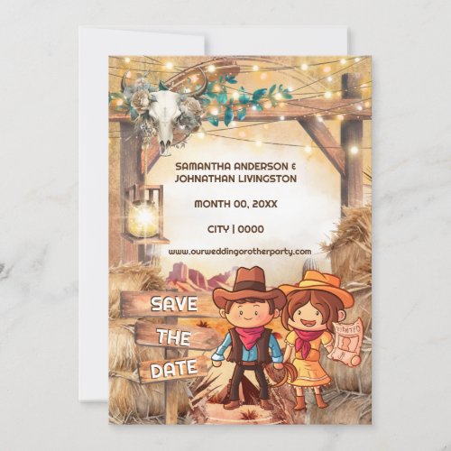 Western cartoon cowboy couple desert arch wanted invitation
