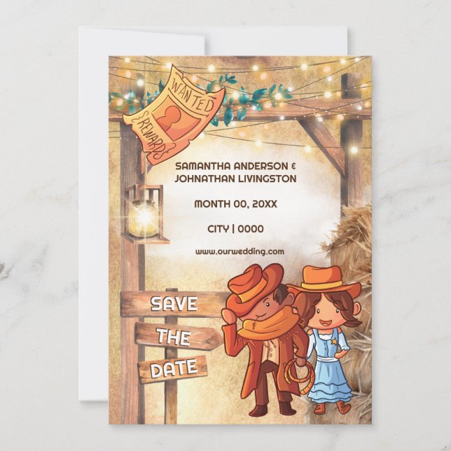 Western cartoon cowboy couple hay barn lights invitation (Front)