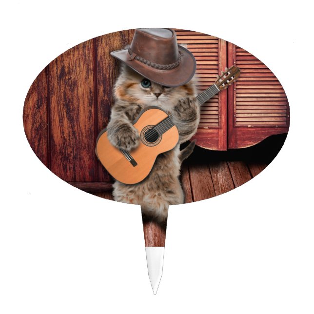 Western Cat cowboy musician with guitar Cake Topper (Front)