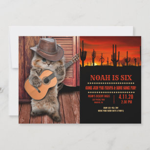 Western Cat cowboy musician with guitar Invitation