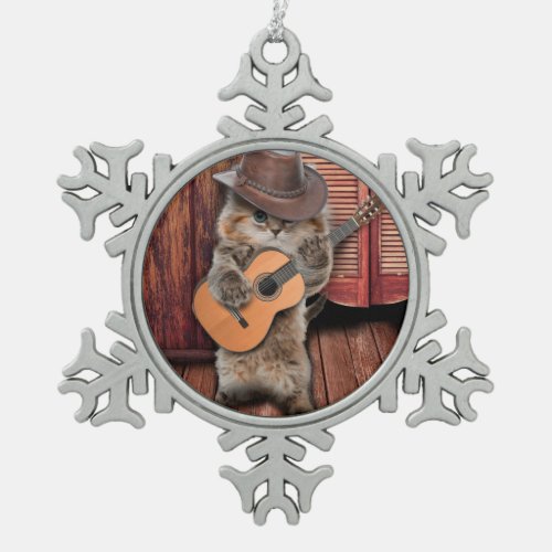 Western Cat cowboy musician with guitar Snowflake Pewter Christmas Ornament