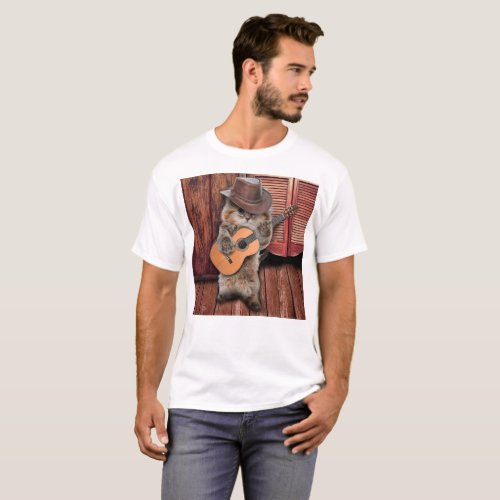 Western Cat cowboy musician with guitar T_Shirt