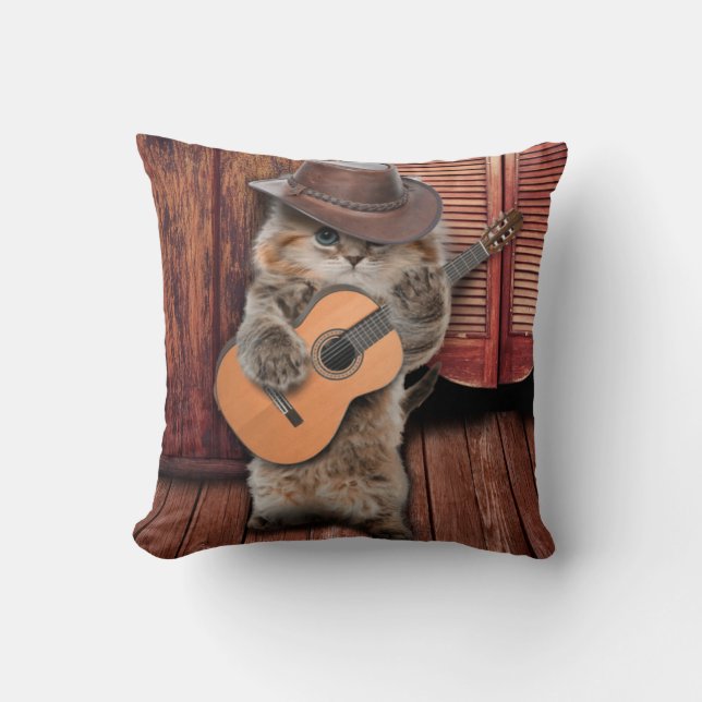 Western Cat cowboy musician with guitar Throw Pillow (Front)