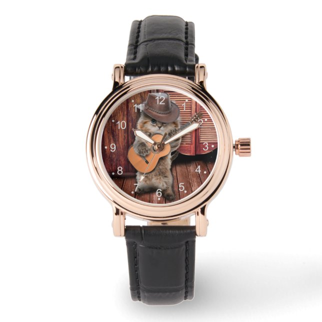 Western Cat cowboy musician with guitar Watch (Front)