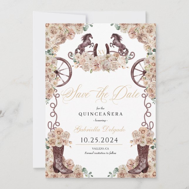 Western Champagne Gold Save The Date Quinceañera Invitation (Front)