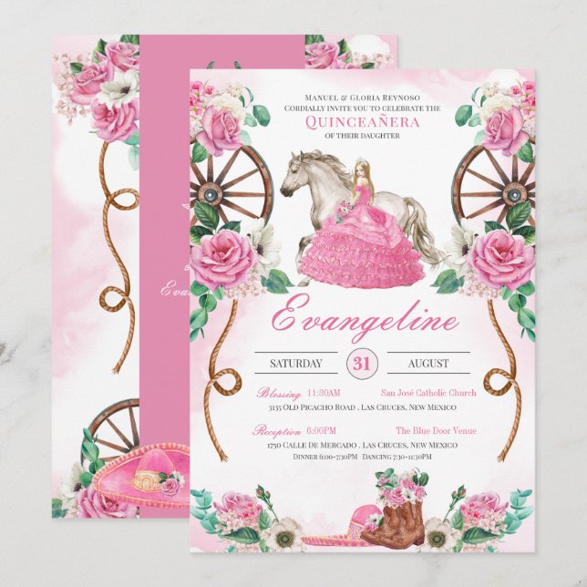 Western Charra Pink Rose Rustic Floral Quinceañera Invitation (Front/Back)