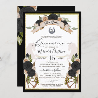 Western Charro Black Roses & Horses Quinceanera Invitation