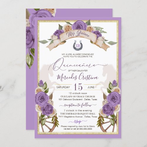 Western Charro Lavender Roses Horses Quinceanera Invitation