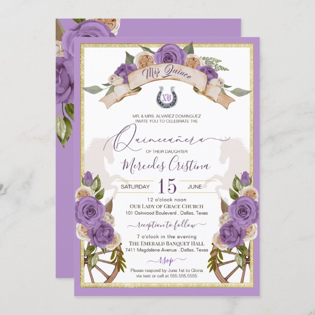 Western Charro Lavender Roses Horses Quinceanera Invitation (Front/Back)